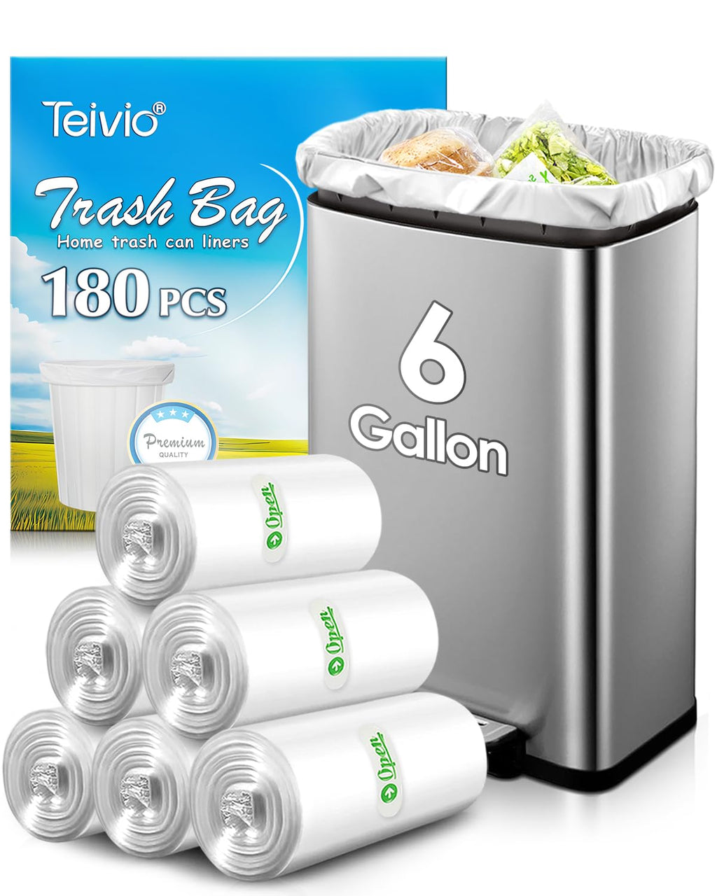 Teivio 6 Gallon 180 Counts Strong Garbage Bags Trash Bags, Bathroom Trash Can Bin Liners, Plastic Bags for home office kitchen, Clear