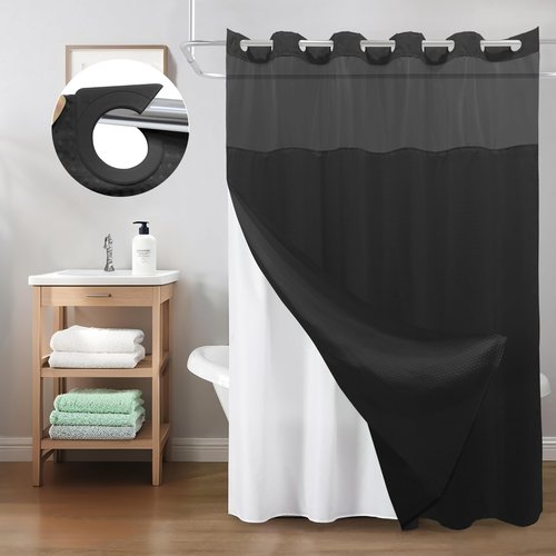 Inhousolu No Hook Shower Curtain with Snap in Fabric Liner Set Waffle Weave 230GSM Weighted Hem, Waterproof & Washable Bathroom Curtain Spa Luxury with Mesh Top Window 72" W x 72" L Black