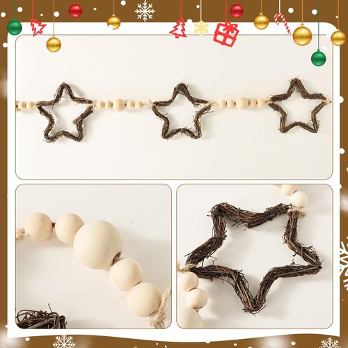 Christmas Decorations Indoor: 6.5ft Farmhouse Christmas Garland Rattan Stars Wooden Beads Christmas Decor,Cute Rustic Stars Ornaments Xmas Banner for Mantel Fireplace Home Wall