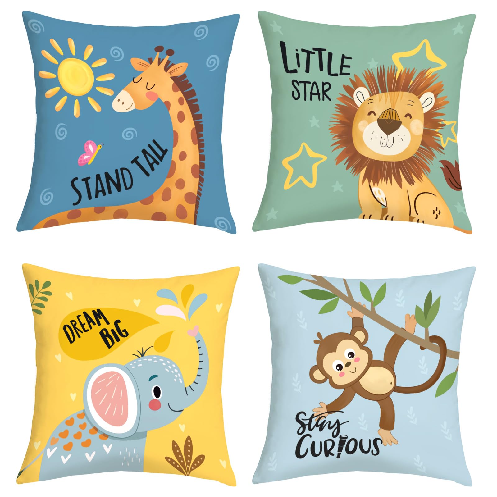 Joymaison Cartoon Animals Throw Pillow Covers 18x18 Inch Set of 4 Baby Elephant Giraffe Lion Monkey Cushion Pillow Case Nursery Home Decor for Kids Toddlers Teens