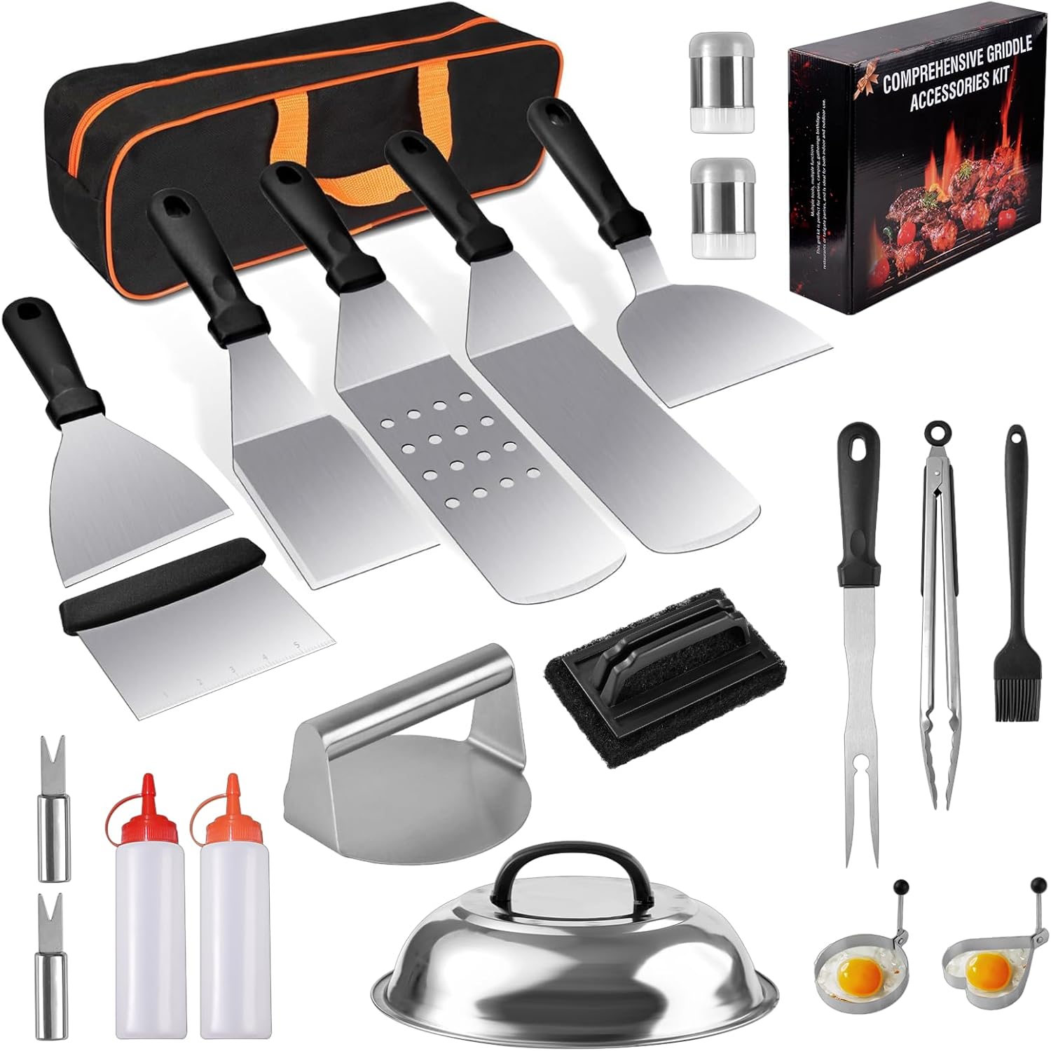 Blackstone 22PCS Griddle Accessories Set - Premium Flat Top Grill Tools with Metal Spatula, Basting Cover & Scraper