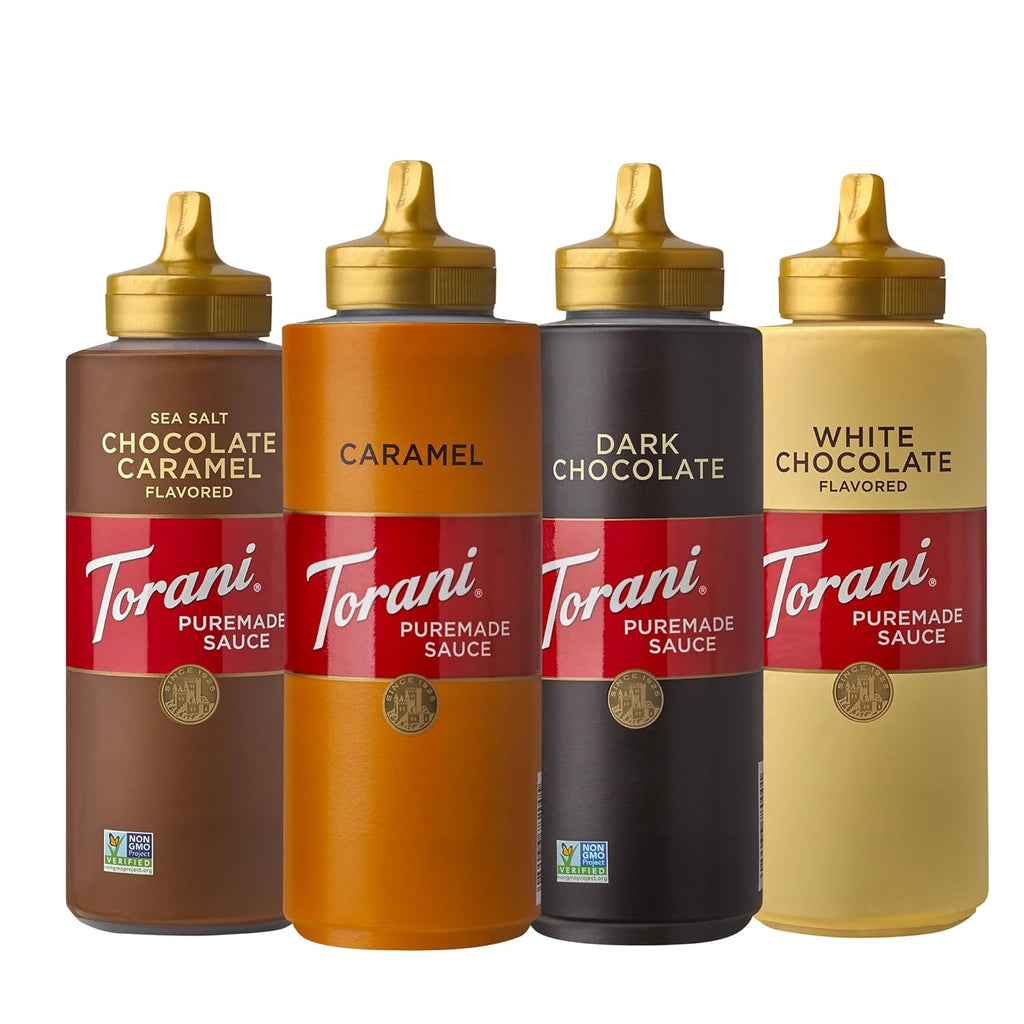 Torani Puremade Dessert & Drink Sauce Variety Pack - Chocolate, Dark Chocolate & Caramel | 16.5 fl oz (Set of 4)