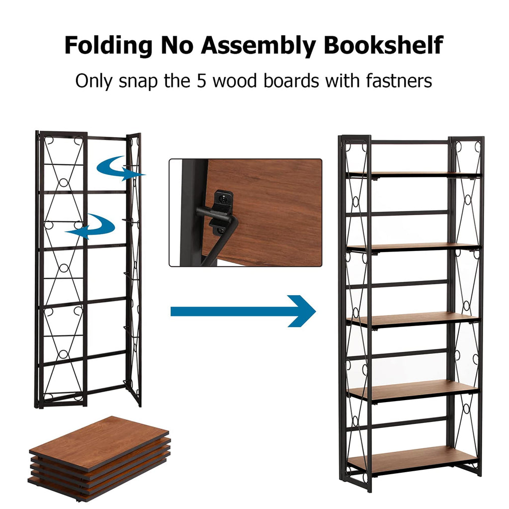 VECELO Folding Bookshelf 5-Tier,Industrial Metal Frame & Wood Shelves,Foldable Bookcase No Assembly Free Standing Storage Organizer for Living Room,Office,Bedroom