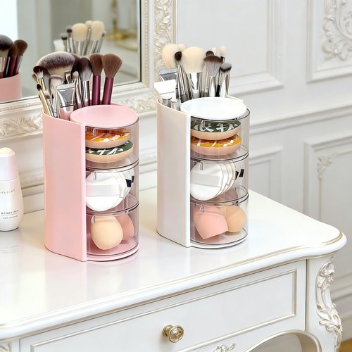 Azurphoric Hair Accessories Organizer with Hair Brush Holder, Rotatable Makeup Brush Holder for Necklaces, Earring, Bracelet, Ring, Makeup Brushes, Hair Clip and Hair Accessories (Pink, 3-Layer)