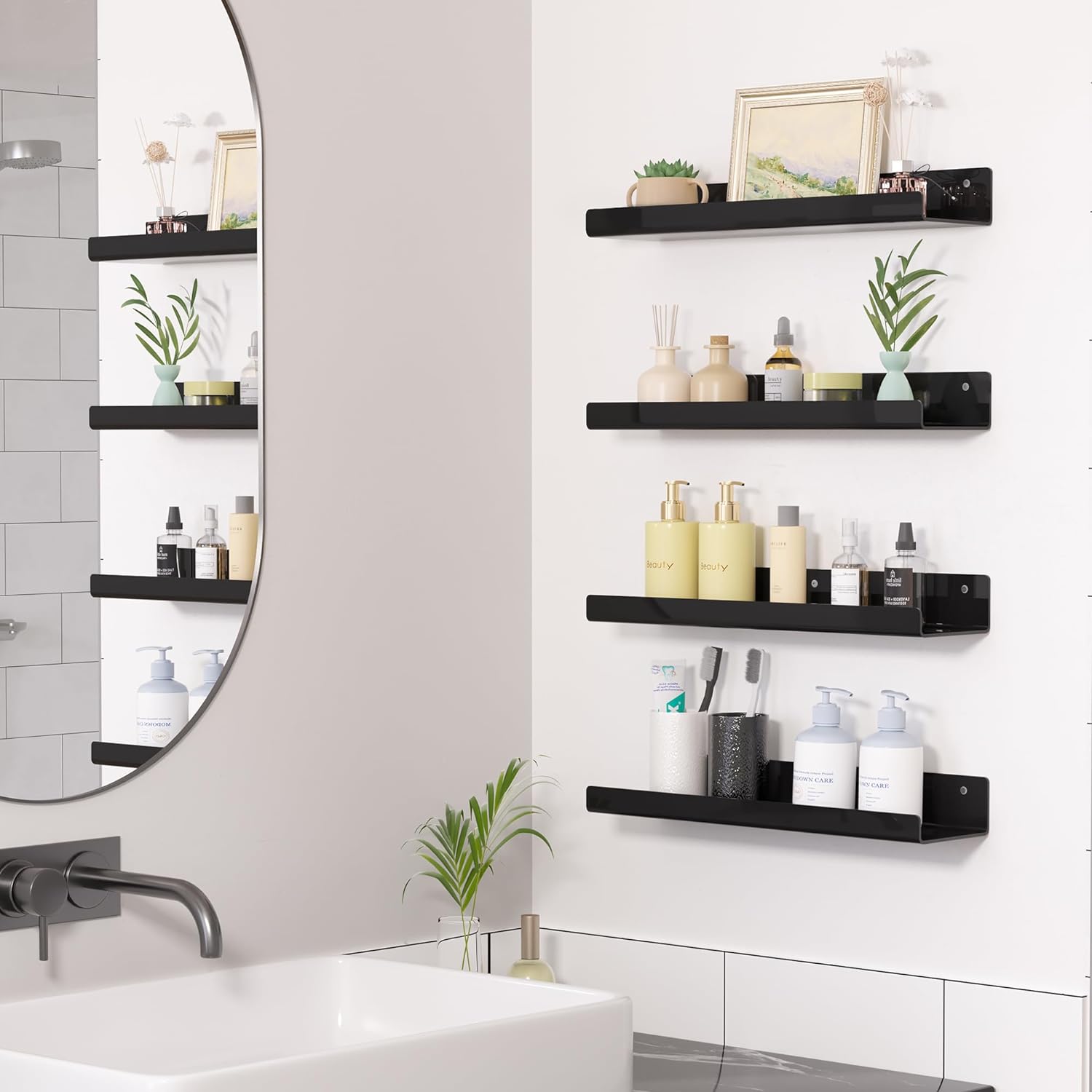 Upsimples Acrylic Wall Shelves - 15" Floating Display Shelf Set for Perfume & Books | Black, 4 Pack
