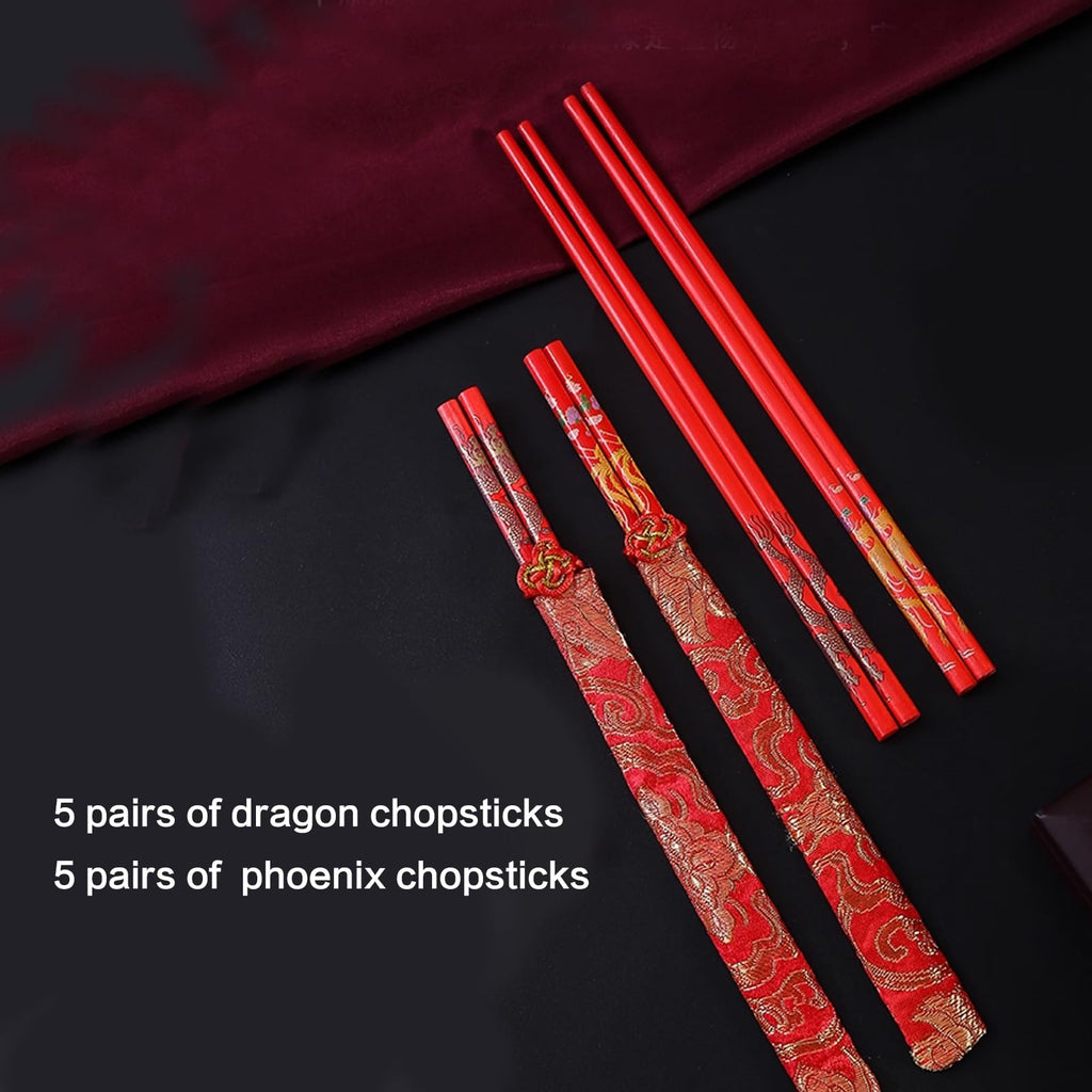 10 Pairs Chinese Knot Wooden Chopsticks with Gold Dragon Phoenix Pattern Red Chinese New Year Chopstick Set Chinese New Year Gifts for Wedding Chinese Festive Dining