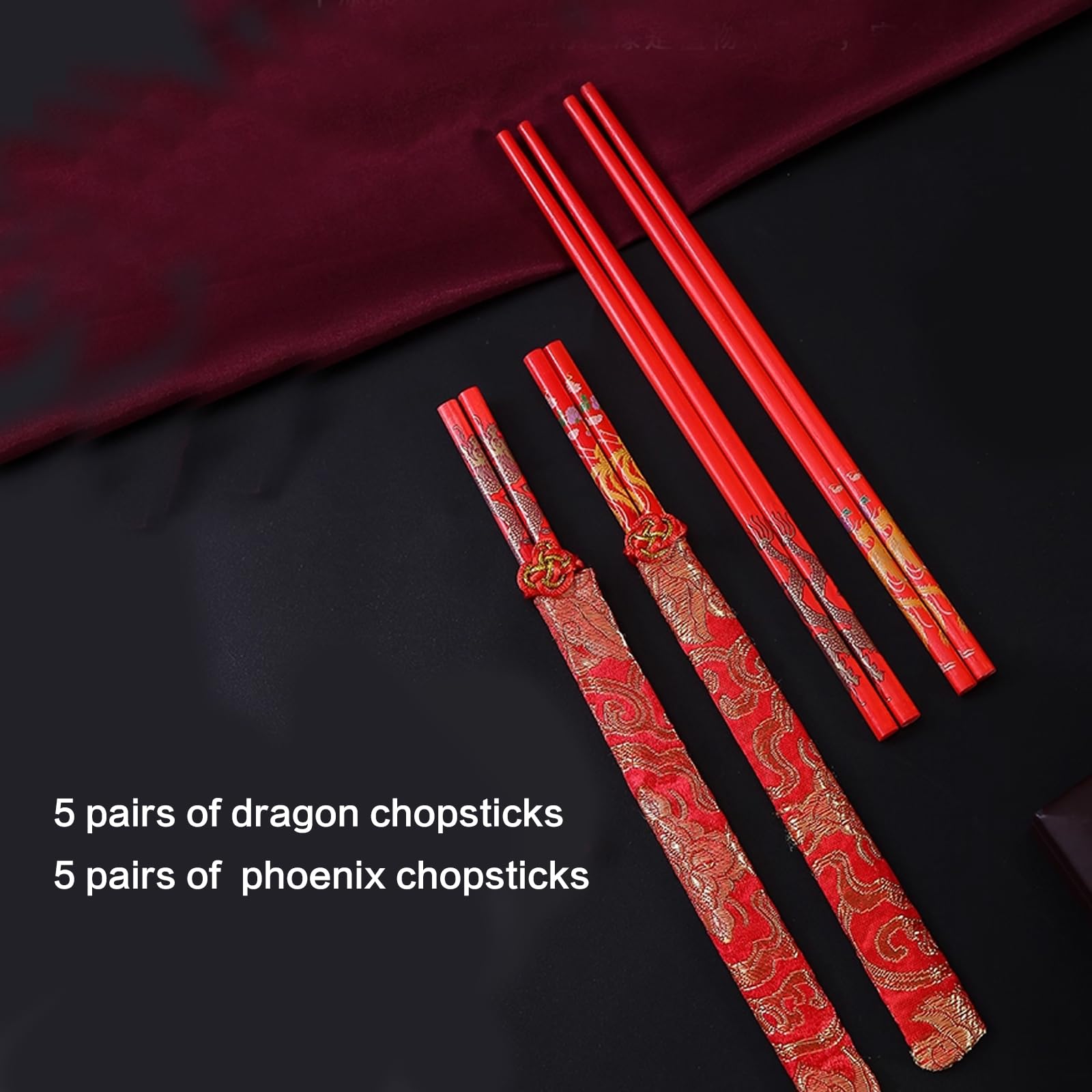 10 Pairs Chinese Knot Wooden Chopsticks with Gold Dragon Phoenix Pattern Red Chinese New Year Chopstick Set Chinese New Year Gifts for Wedding Chinese Festive Dining
