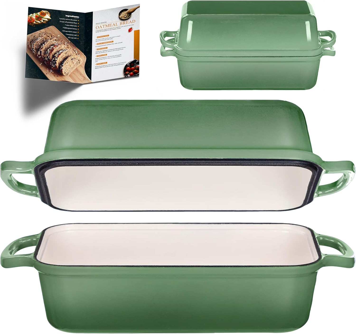 Skiennix Cast Iron Bread Pan - 11x5 Inch Sourdough Baking Pan with Lid | Even Heat Distribution, 5.8Qt, Pistachio