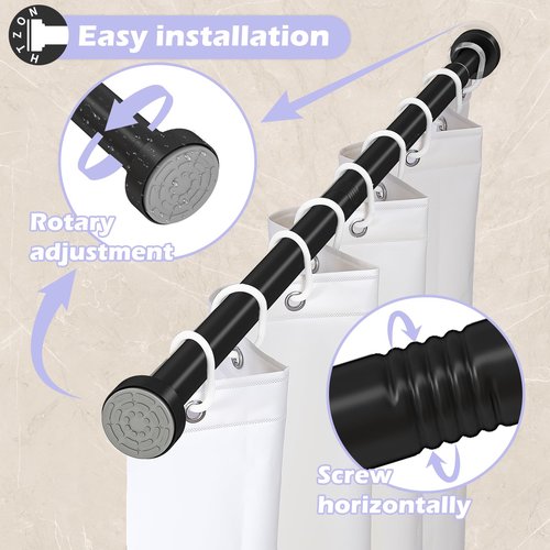 HTZON Black Shower Curtain Rod 18 to 49Inch:Small Spring Tension Shower Rods for Bathroom Kitchen Doorway,Modern Heavy Duty Adjustable Tension Shower Curtain Rod No Drilling No-Slip Easy Install,Black