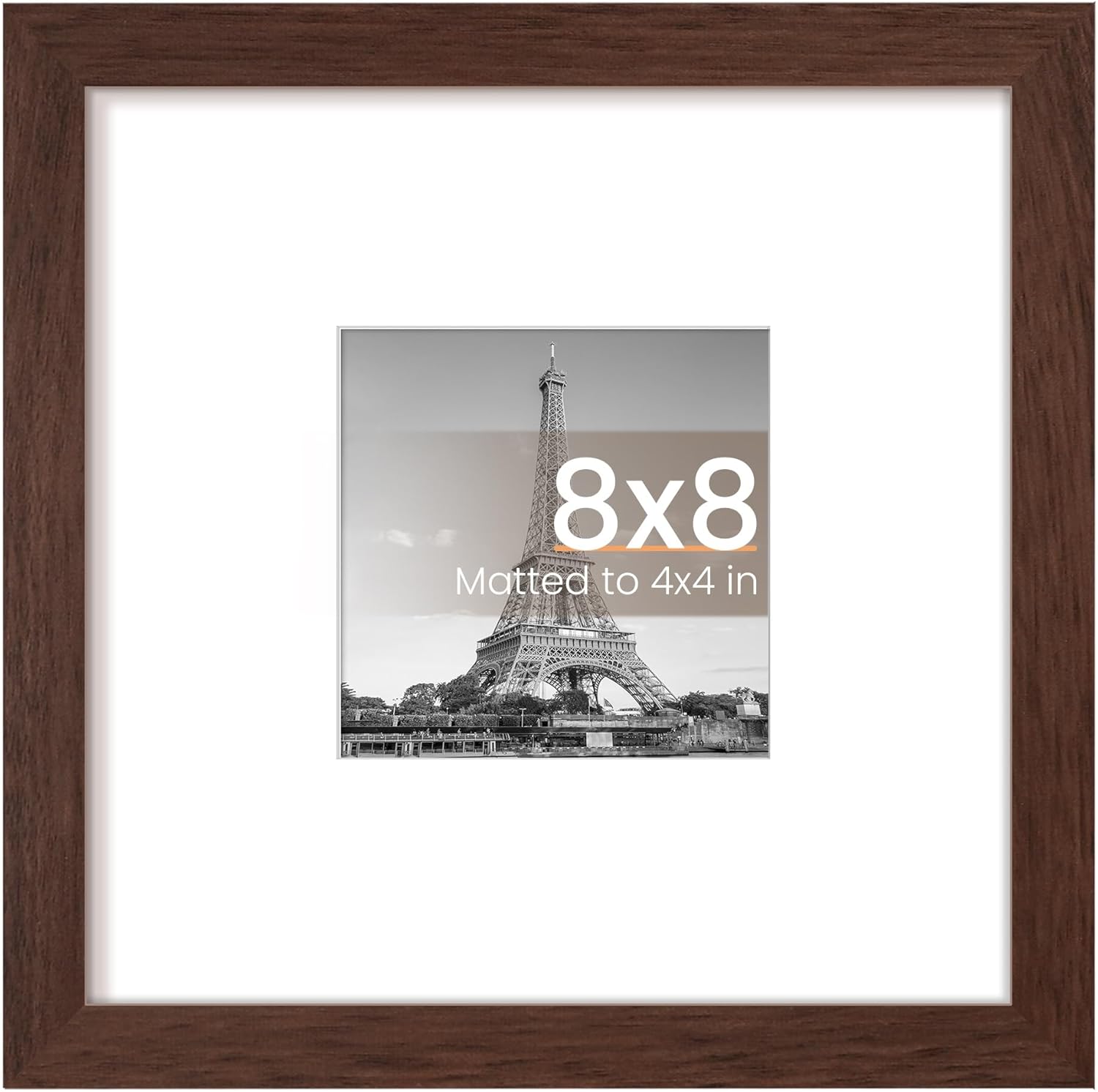 Upsimples 8x8 Picture Frame - Versatile Display for 4x4 Photos with Mat or 8x8 Without - Brown, 1 Pack