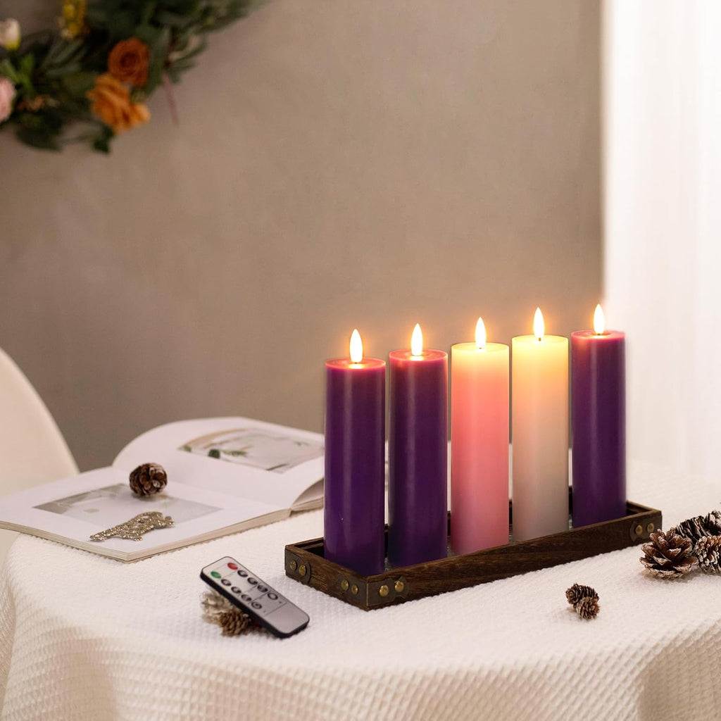 Stmarry Advent Candles Set - Battery Operated Flameless Pillar Candles with Remote & Timer | 2x7 Pink & Purple
