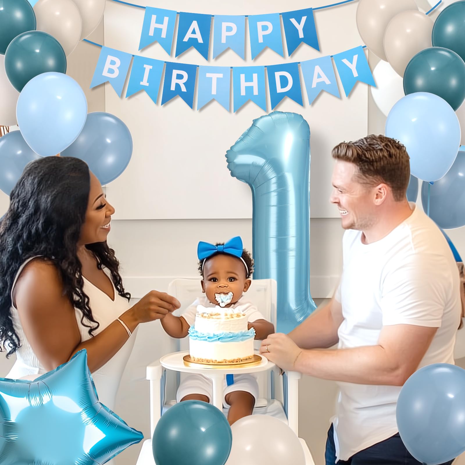 HEDUPT 1st Birthday Decorations Boy, First Birthday Decorations for Boy with Happy Birthday Banner, 40inch 1 Balloon Number, Dusty Blue Balloons, Baby One Year Old Birthday Party Decor