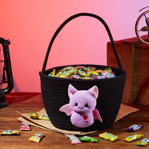 Qinthory Halloween Candy Basket for Kids – Cotton Rope Trick or Treat Bag with Black Cat Design, Reusable Halloween Candy Bucket for Boys and Girls (purple)