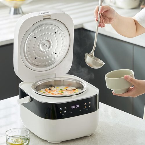 Akureo 3L Smart Rice Cooker, 6-Cup Uncooked, Fuzzy Logic, Stainless steel spherical inner pot with non-stick ceramic glaze coating, Keep Warm, White