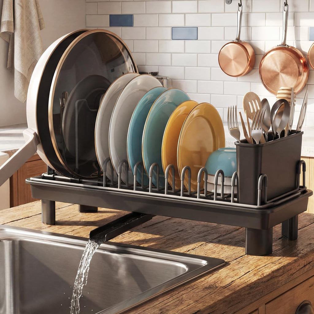 Nfnoyp Small Dish Drying Rack Carbon Steel Dish Rack Rustproof for Kitchen Counter Compact Dish Drainer with Adjustable Slots for Small Kitchens & Apartments 16.5×6.5×7inch Black