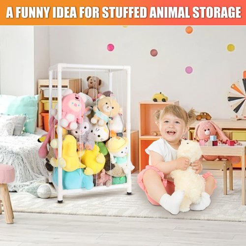 XMBecc Stuffed Animal Storage Zoo Stuffed Animal Holder,Off-Ground and Space Save Vertical Stuffed Animals Organizer PVC with Elastic for Bedroom Playroom Nursery (White, small)