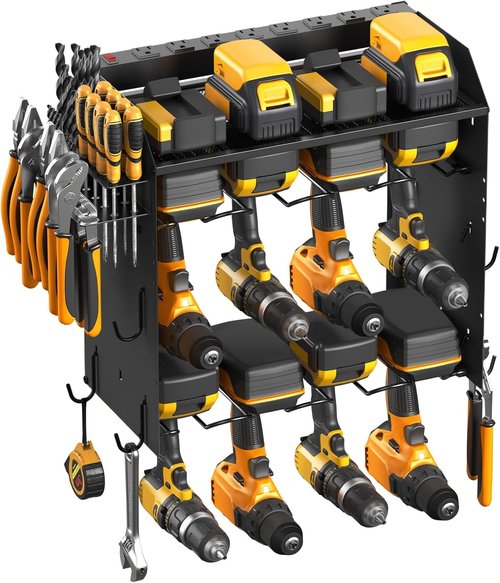 CCCEI Modular Power Tool Organizer - Wall Mount Charging Station for 8 Cordless Drills | Black Utility Rack with Hooks