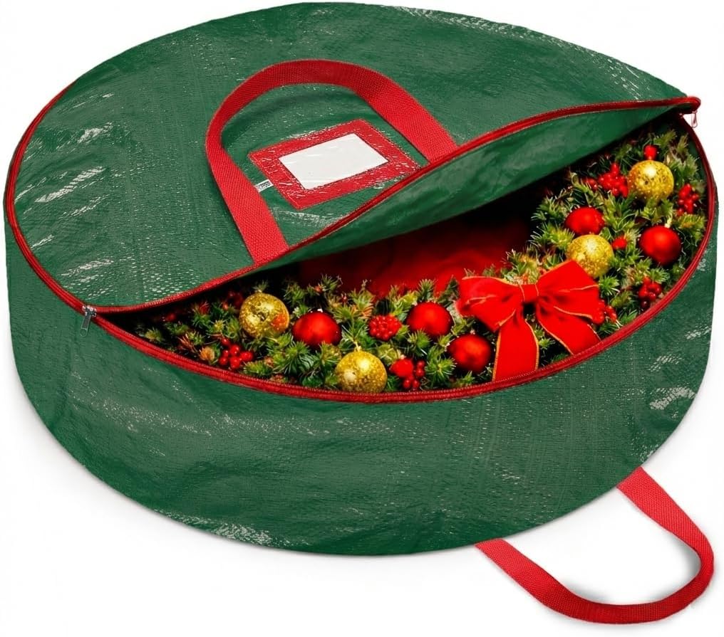ZOBER Wreath Storage Bag - 30 Inch Durable Container for Artificial Wreaths - Dual Zipper & Strong Handles - Green