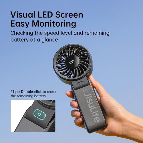 JISULIFE Handheld Fan Life7 - Powerful 5-Speed Cooling, 19.5H Runtime, 5000mAh Battery | Portable Black Fan for Travel & Events