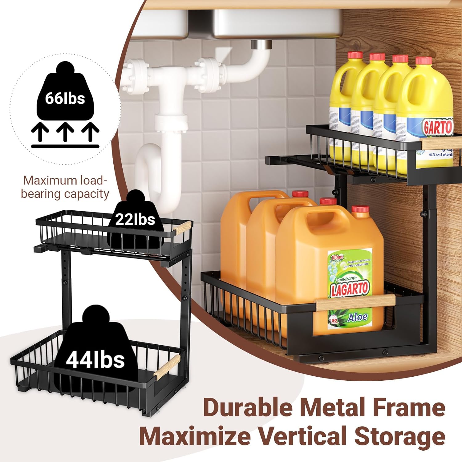 Under Sink Organizer by [Brand Name] - L-Shape 2-Tier Pull-Out Cabinet Storage Rack | Adjustable Height, Black, 2 Pack