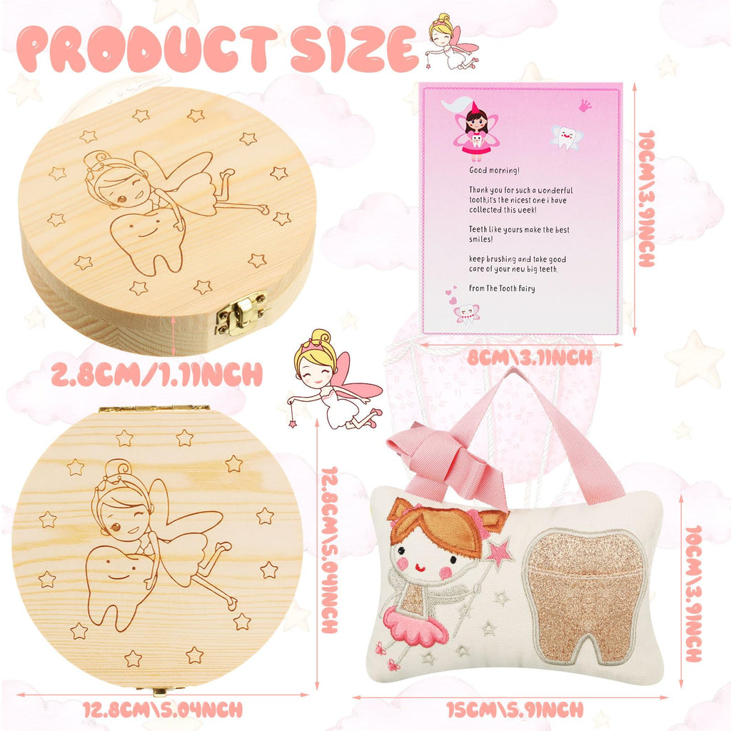 Qunclay Tooth Fairy Kits Includes 3.9 x 5.9 Inch Cute Tooth Fairy Pillow Wooden Keepsake Box Container and 20 Warm Letters(Pink,Girl Style)