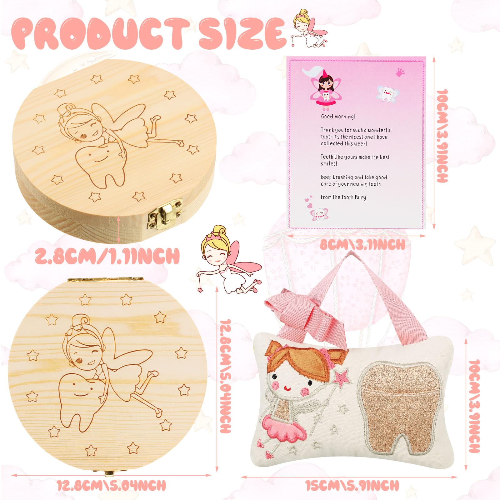 Qunclay Tooth Fairy Kits Includes 3.9 x 5.9 Inch Cute Tooth Fairy Pillow Wooden Keepsake Box Container and 20 Warm Letters(Pink,Girl Style)