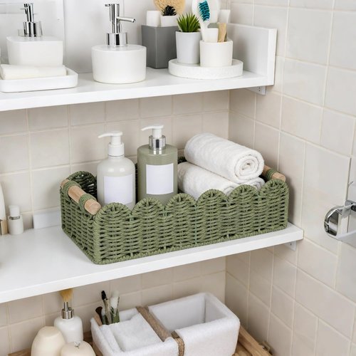 CubesLand Toilet Paper Storage Basket - Scalloped Edge Green Decor | Cozy Home Accessory with 2 Wooden Handles