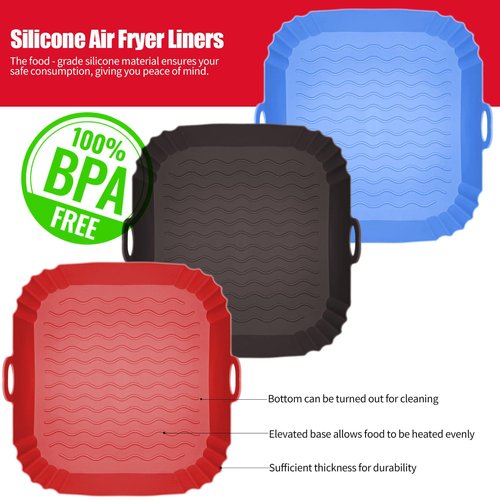3 Pack Square Air Fryer Liners,7 Inch Silicone Airfryer Liners, Air Fryer Liners for 3 to 6 QT Oven Microwave Accessories,Reusable Baking Tray Oven Accessories(Black&Red&Blue)