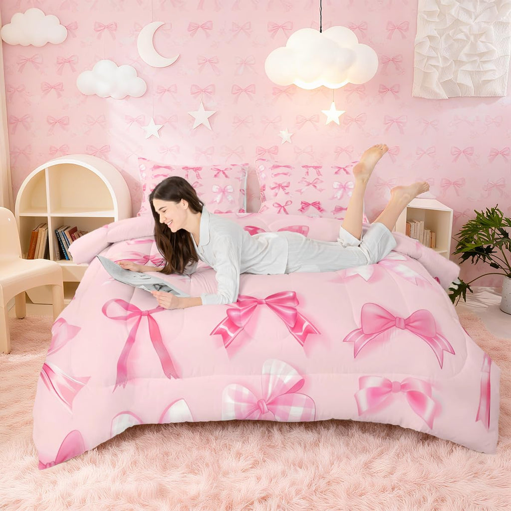 jejeloiu Pink Bow Bedding Set Twin Girls Bow Comforter Set for Kids Teens Girls Cute Bowknot Comforter Breathable Soft Lightweight Microfiber Kawaii Cute Pink Room Decor