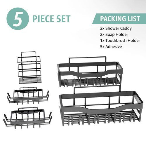 GD Adhesive Shower Caddy 5 Pack – Rustproof Stainless Steel No-Drill Bathroom Organizer Shelves with Large Capacity, Waterproof Storage Racks for Shower, Kitchen, Dorm, Apartment, and Home