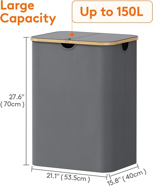 Lifewit 150L Laundry Basket - Foldable Hamper with Lid & Bamboo Handles | Grey with 2 Removable Bags
