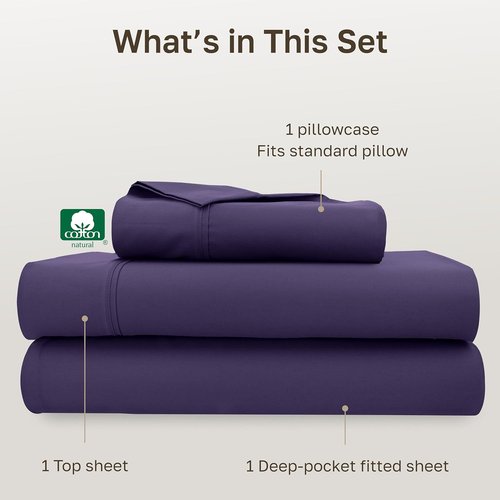 California Design Den Twin Size Cotton Sheet Set - 100% Soft, 400 Thread Count, Silky Smooth Sateen - Purple