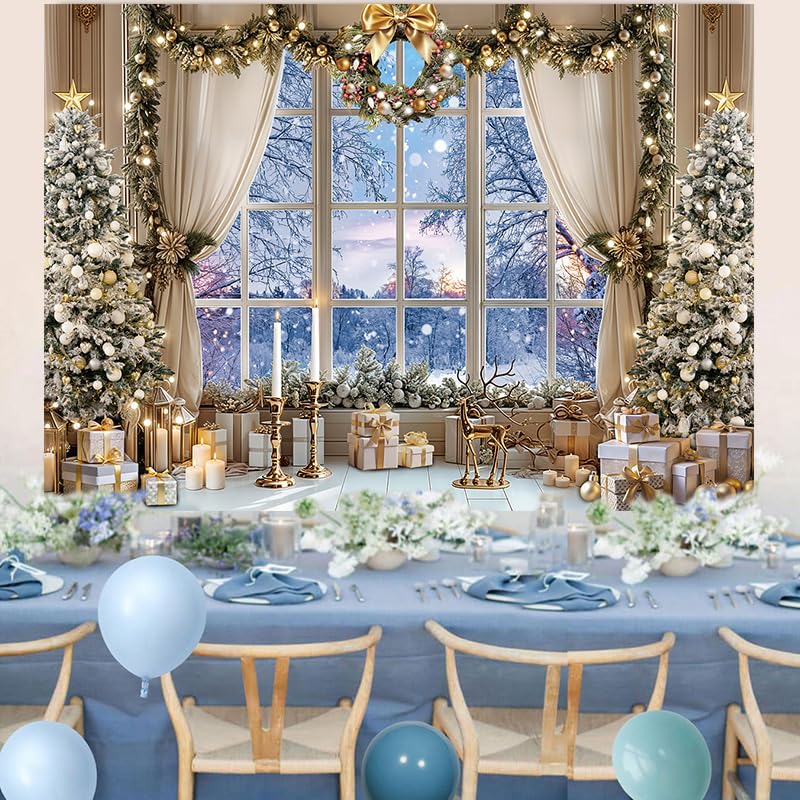 Christmas Window Backdrop White Winter Snow Forest Scene 7x5FT Xmas Photography Background Holiday Party Decor