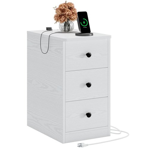 LIKIMIO Nightstand with Charging Station, Narrow Bedside Table with 3 Drawers, End Table with USB Ports and Outlets, Side Table for Living Room/Bedroom Modern
