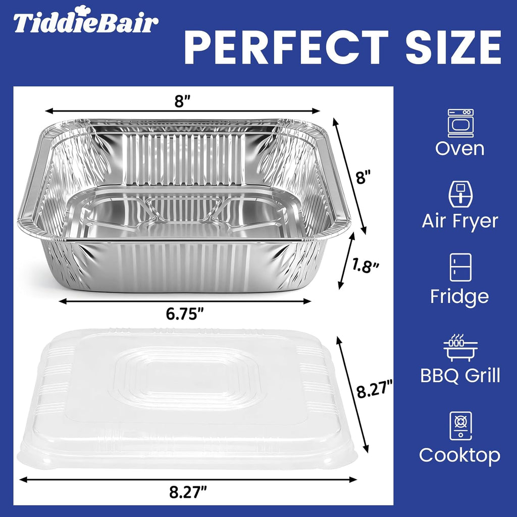 Skiennix 8x8 Aluminum Foil Pans - 40 Pack Disposable Baking Containers with Clear Lids | Perfect for Air Fryers