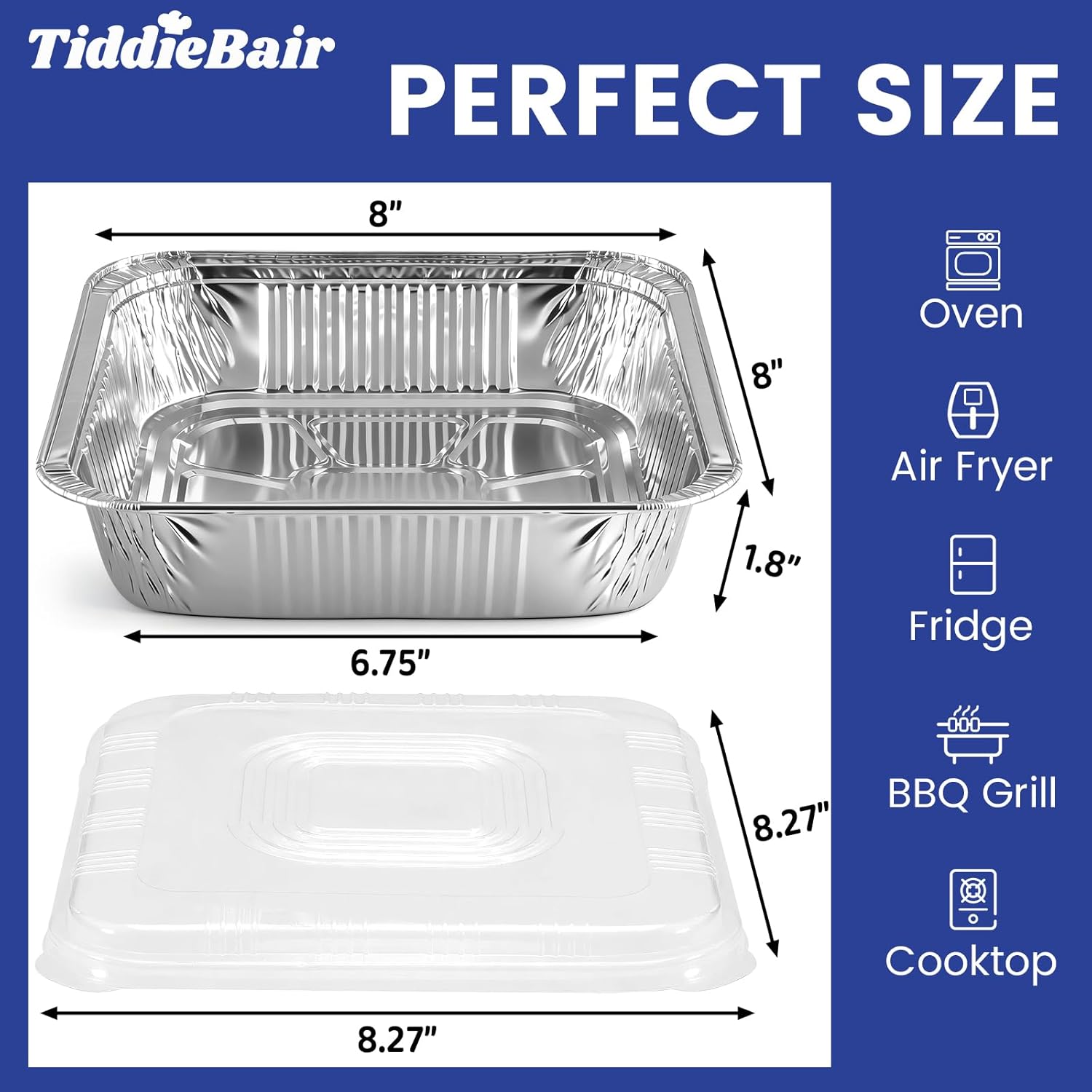 Skiennix 8x8 Aluminum Foil Pans - 40 Pack Disposable Baking Containers with Clear Lids | Perfect for Air Fryers