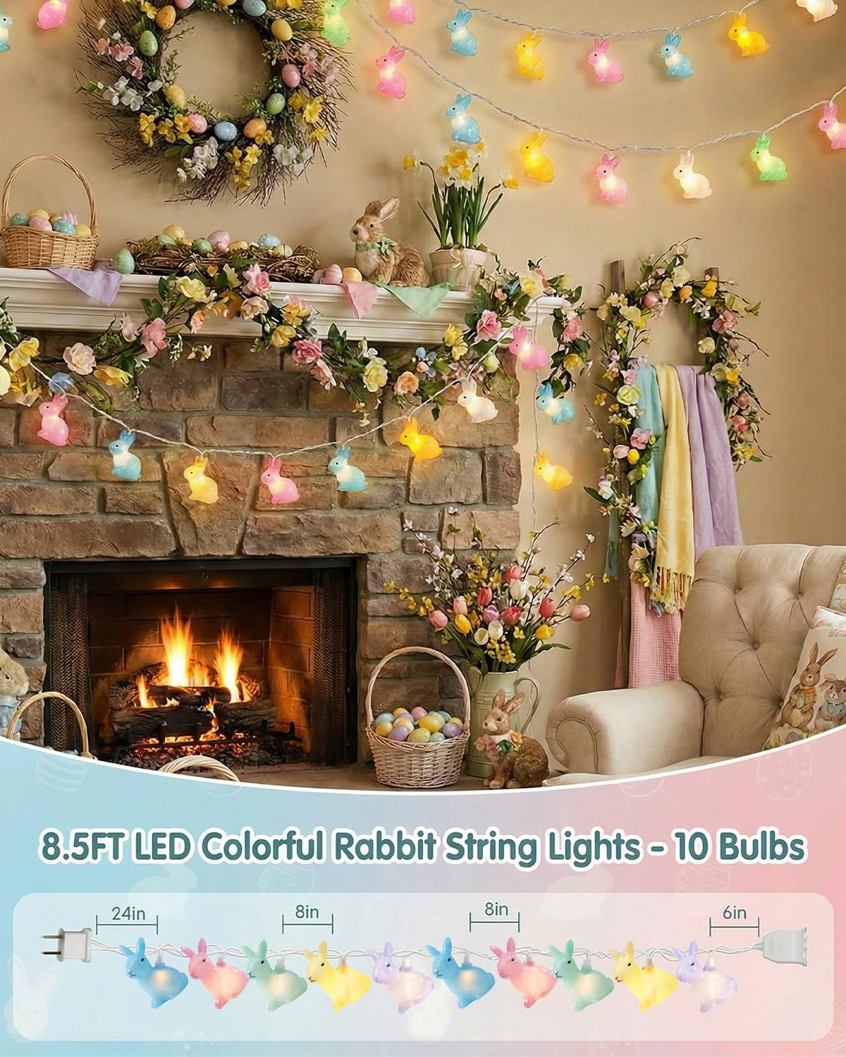 SUNSGNE Easter Cute Rabbit String Lights Bunny Fairy Lights, 8.5ft Easter Bunny Ornaments String Lights with 10 Multicolor Bunny Lights for Outdoor Indoor Room Bedroom Wall Home Decoration