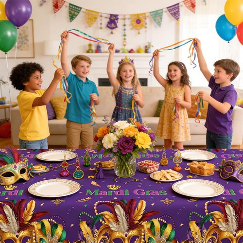 Mardi Gras Tablecloth, 3 PCS Mardi Gras Table Cloth Disposable, Plastic Purple Carnival Mask Decorative Masquerade Tables Cover Rectangular for Mardi Gras Party Decoration Supplies, 54 X 108 Inch