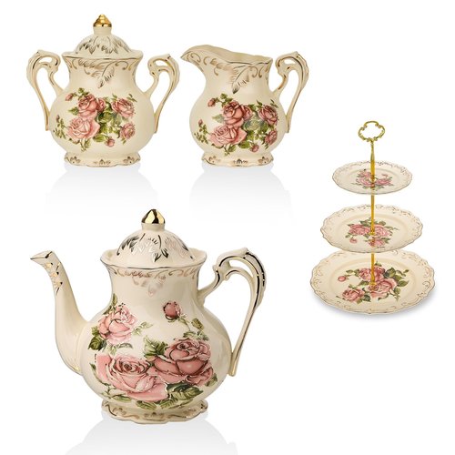 YOLIFE Floral Teapots & 3 Tiered CupCake Stand & Sugar and Creamer Set (Rose)