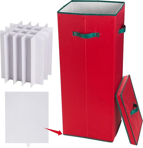 Elf Stor Wrapping Paper Storage Box - Holds 20 Rolls of 30” Gift Wrap - Upright Container with Lid & Dividers - Red