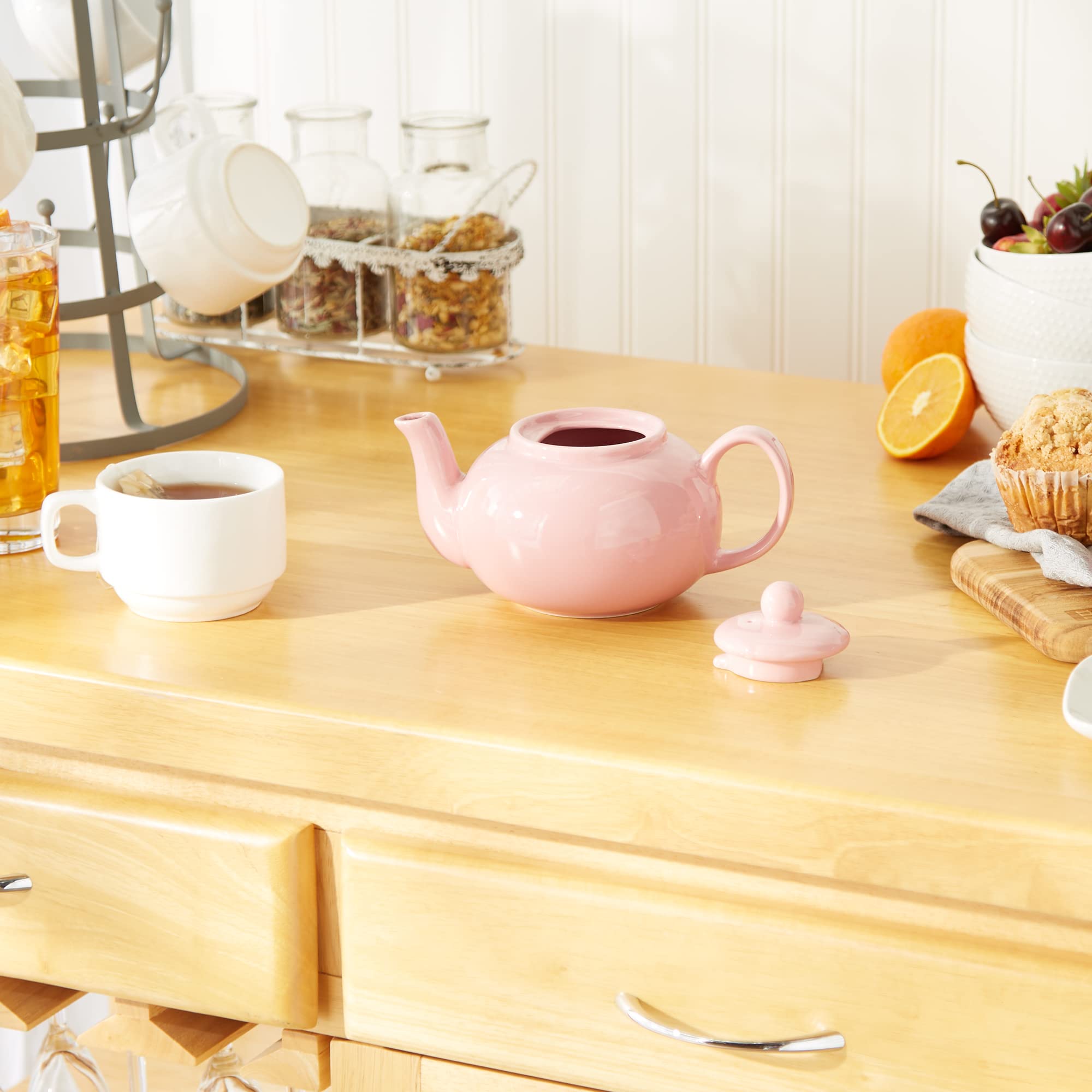 RSVP International Stoneware Teapot Collection, Microwave and Dishwasher Safe, 16 oz, Pink