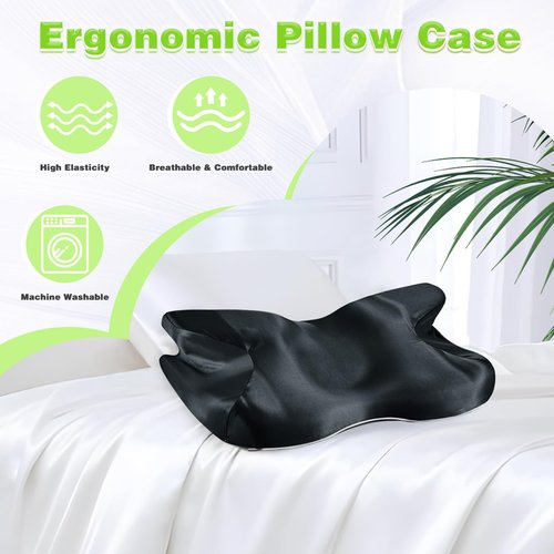 Eychei 2 Pcs Satin Pillowcase for Cervical Pillow, Black Silky Cervical Pillow Case Contour Pillow Case Cover with Zipper, Smooth Ergonomic Pillowcase for Neck Pillow Cover