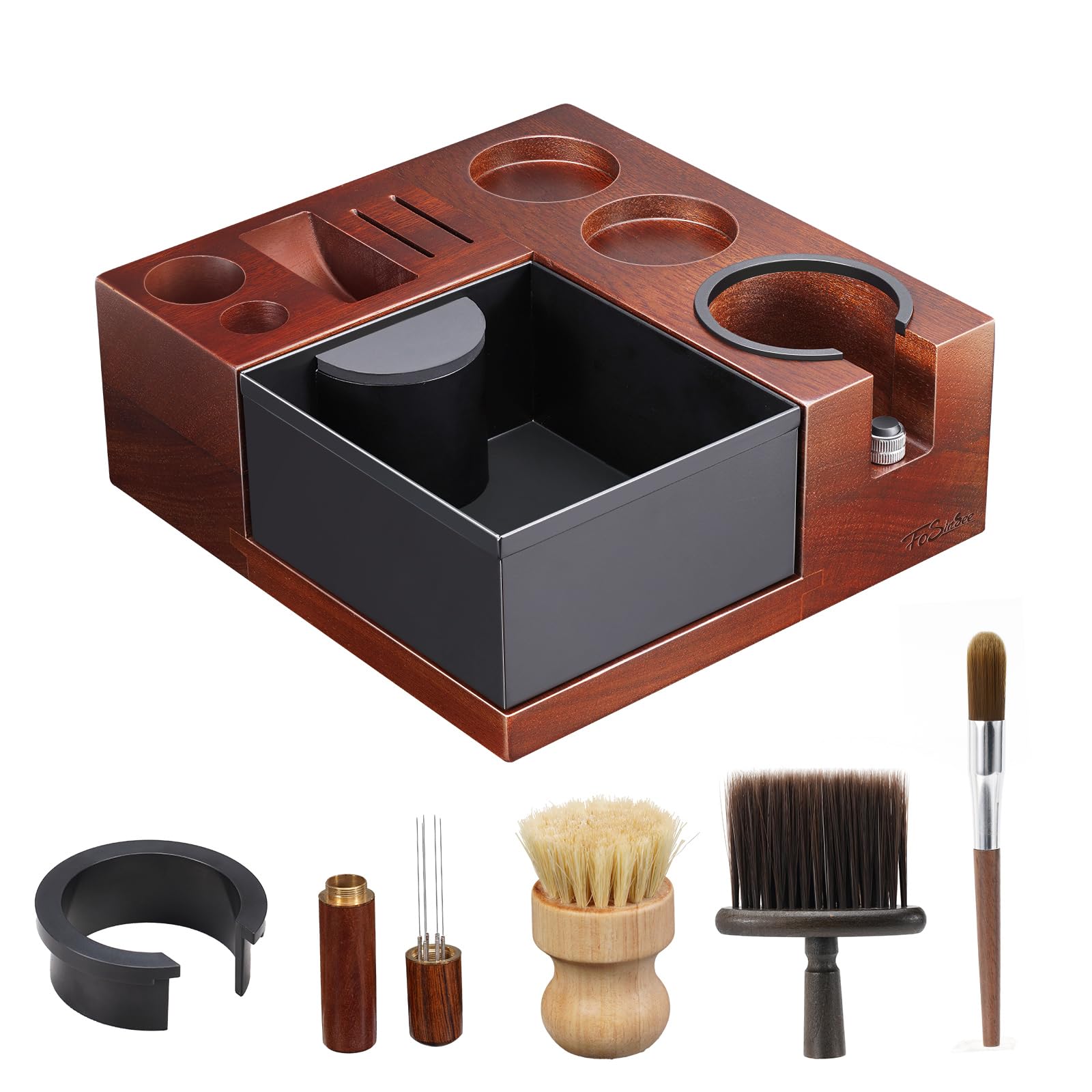 FOSINSEE Espresso Knock Box, Walnut Tamping Station, 9 in 1 Coffee Organizer Box Fit for 51mm 54mm 58mm, Coffee Distributor & Portafilter, Espresso Accessories Kit