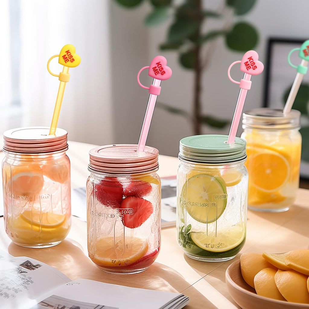 Whaline 6 Pcs Valentine's Day Conversation Heart Straw Cover Cap Reusable Silicone Straws Topper Pastel 10 Mm/0.4 Inch Straw Tip Lid Protector for 30/40 Oz Tumbler Cup Accessory Party Decor