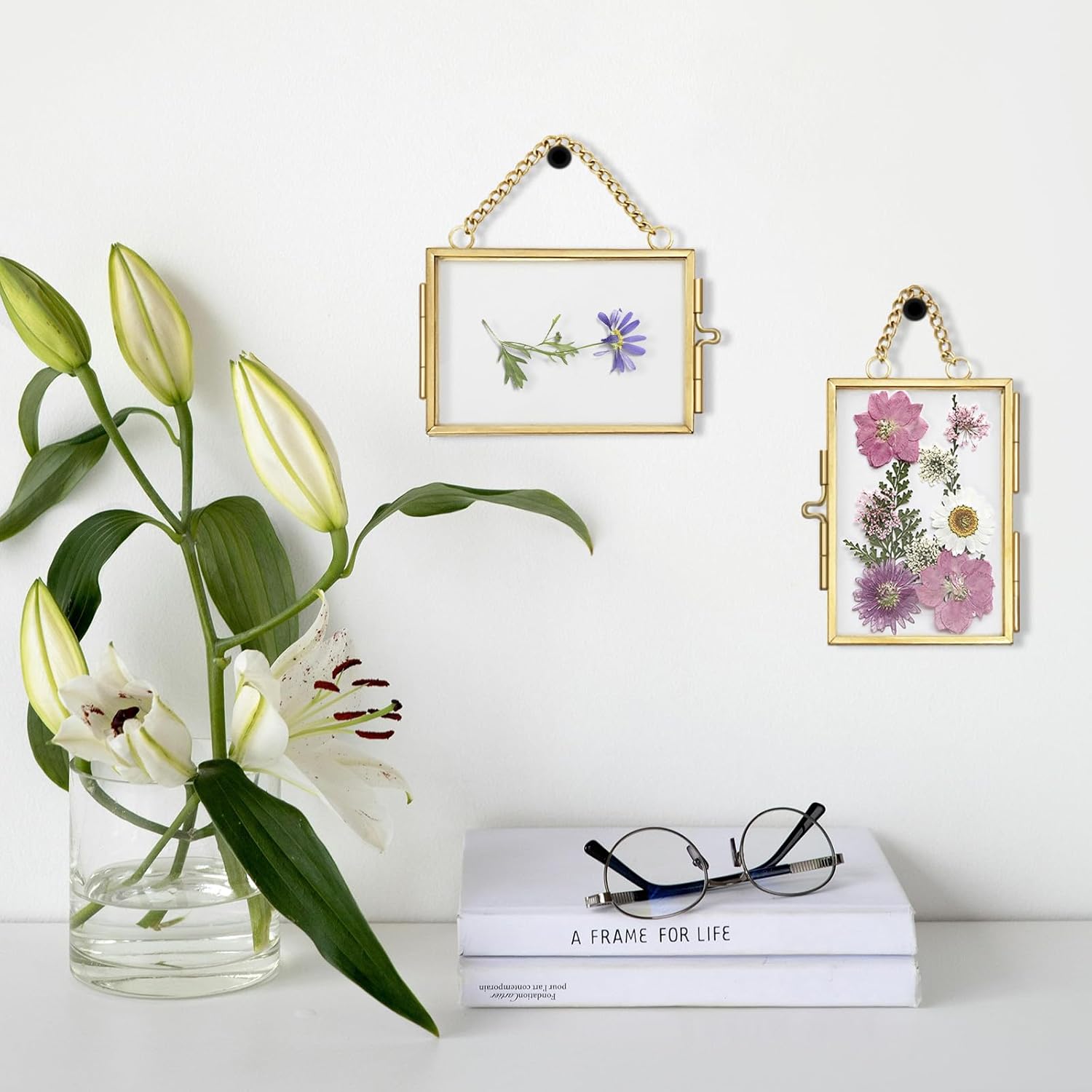 Skiennix Double Glass Frame - Mini Brass Wall Hanging Picture Frame for Pressed Flowers | 2x3 Inch, Gold