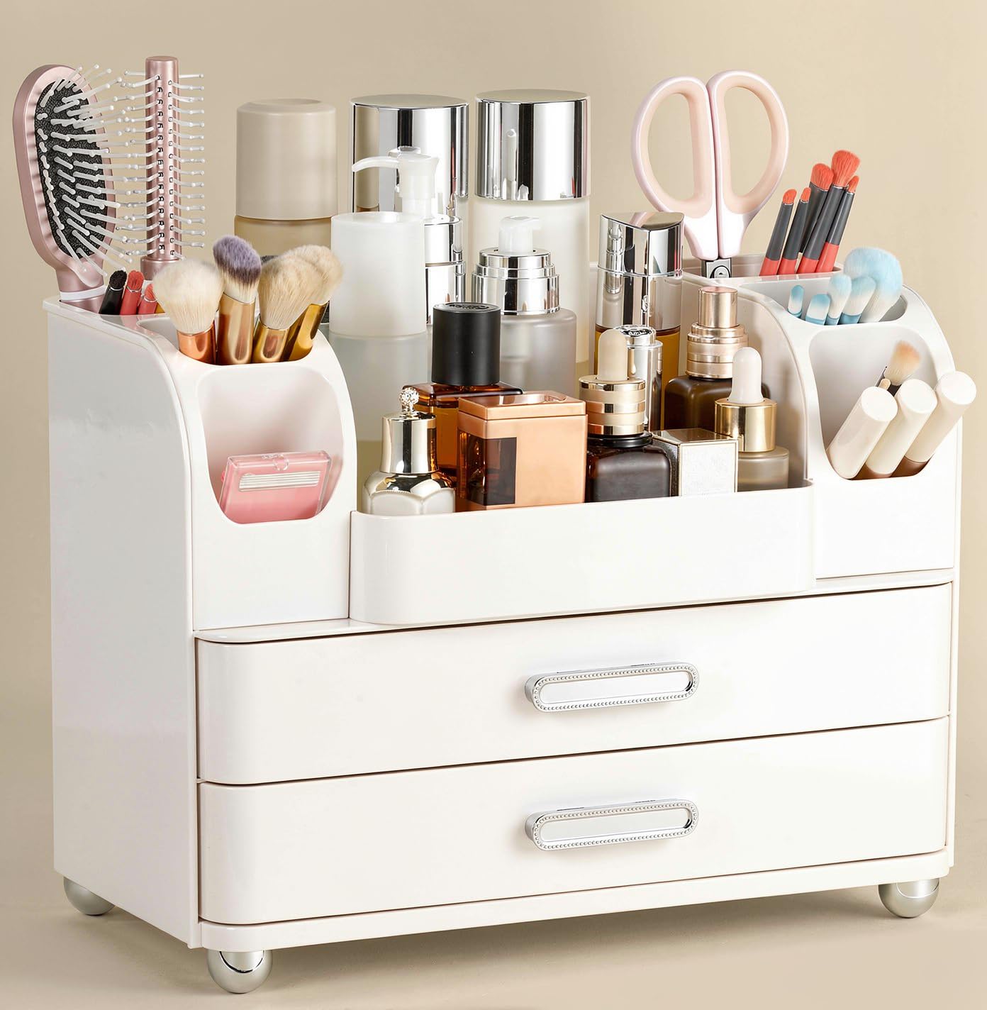 Dozesheep Large Makeup Organizer Countertop with Drawers, Make Up Organizer for Vanity, Makeup Storage Organizer Countertop Makeup Organizers for Skincare, All White