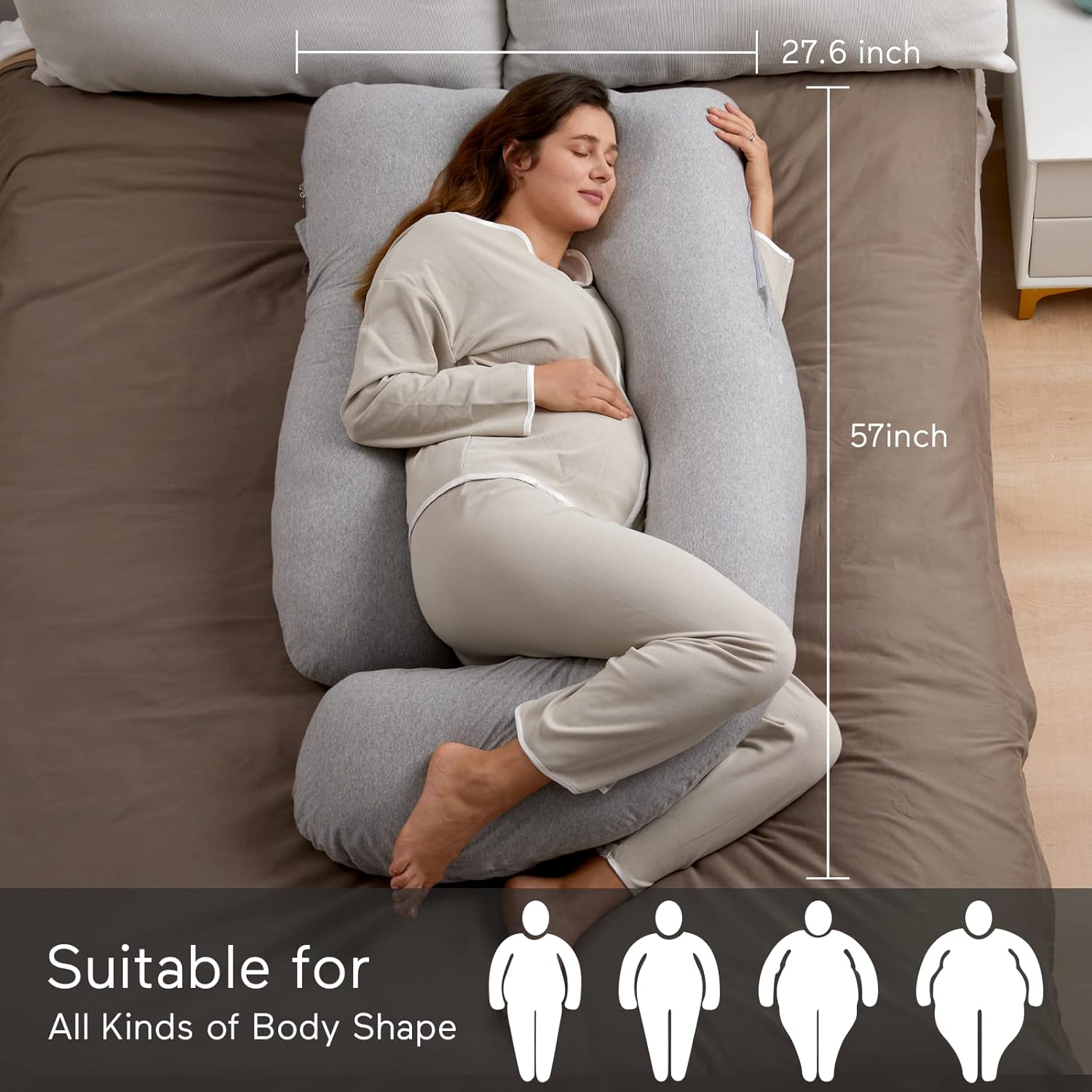 Momcozy U Shaped Pregnancy Pillow - 57 Inch Full Body Maternity Support with Removable Cotton Cover | Hatha Grey