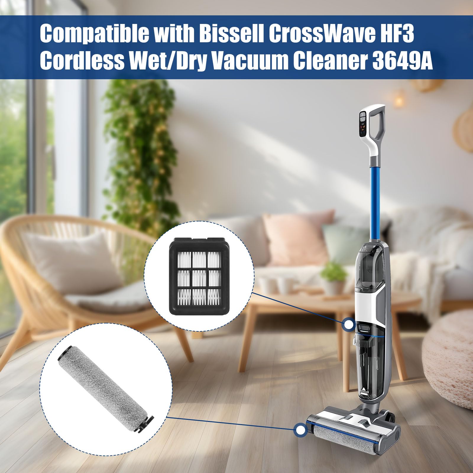 Replacement Brush Roller Filter Set For Bissell HF3 3649A Vacuum Hepa Filters Compatible with Bissell HF3 Crosswave Vacuum Cleaner 2 Multi-Surface Brush Roller 2 Hepa Filter