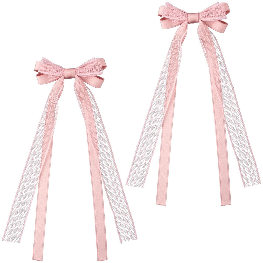 Skiennix Pink Lace Hair Bows - Cute Coquette Bow Clips with Long Tail Ribbons for Women | Perfect for Weddings & Events