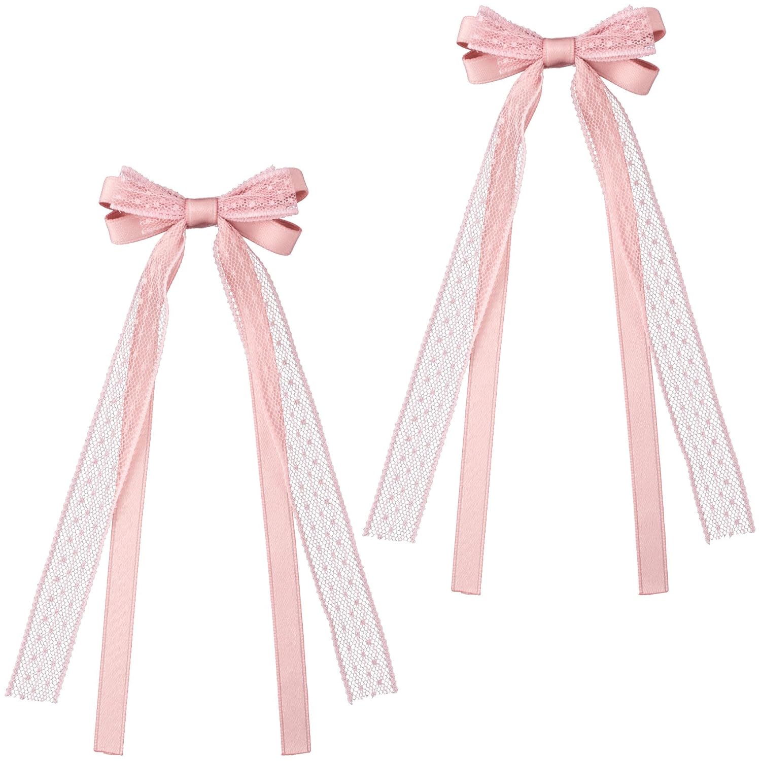 Skiennix Pink Lace Hair Bows - Cute Coquette Bow Clips with Long Tail Ribbons for Women | Perfect for Weddings & Events